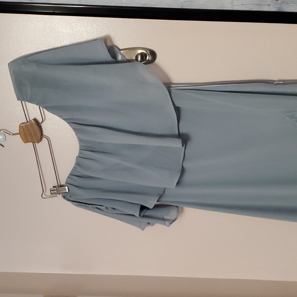 MuMu One Shoulder Tango Ruffle Gown In Steel Blue Chiffon - Picture 2 of 10